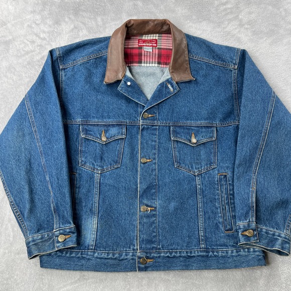 Marlboro Country Store Other - Marlboro Jacket L Vintage 90s Denim Trucker Leather Collar Flannel Lined Blue